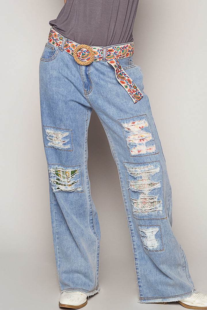 Cream &amp; Blue Floral Pattern Belt