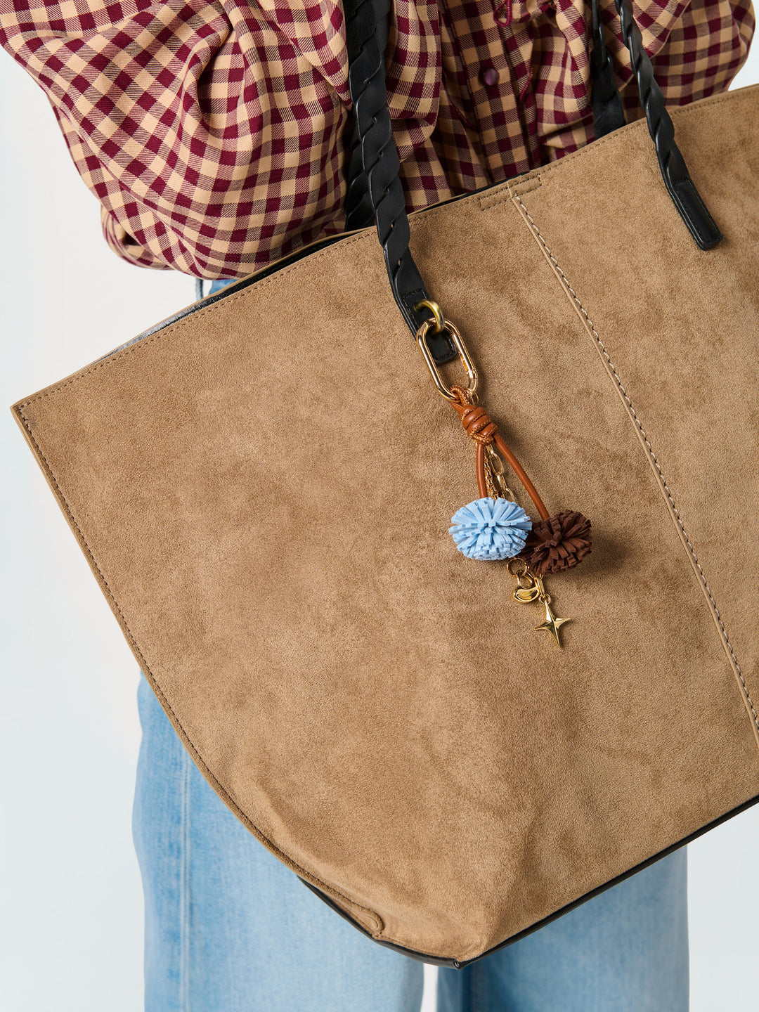 Pom Pom Bag Charm Key Ring - Brown