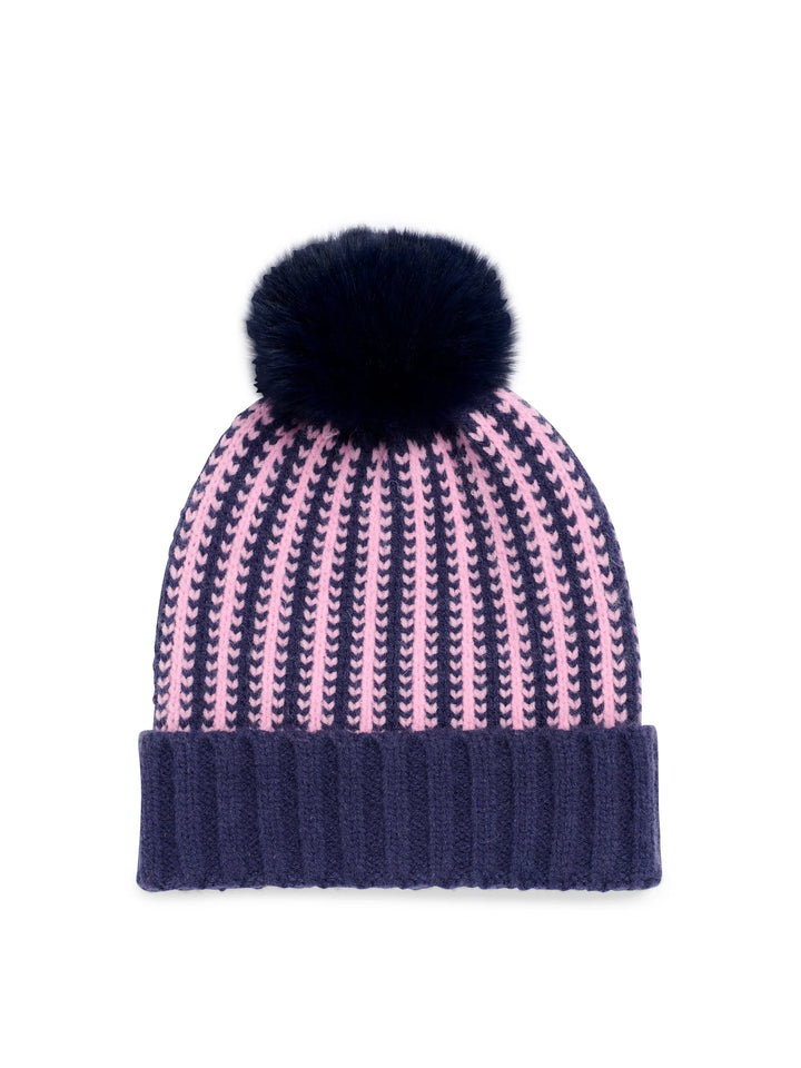 A navy blue and pink knit beanie hat with a matching dark navy pom-pom, shown against a plain white background.