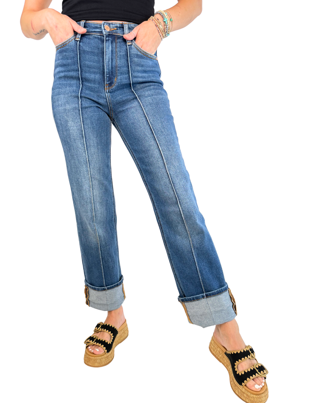 Judy Blue High Waisted Front Seam Cuff Straight Fit Jeans