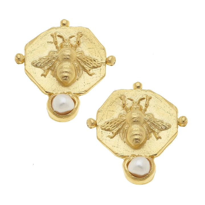 Susan Shaw Bee Intaglio with Pearl Earrings - Gold