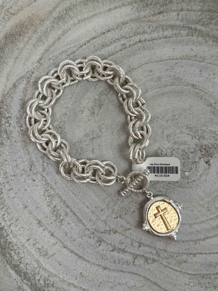 Chain Toggle Bracelet with Cross Coin - Silver