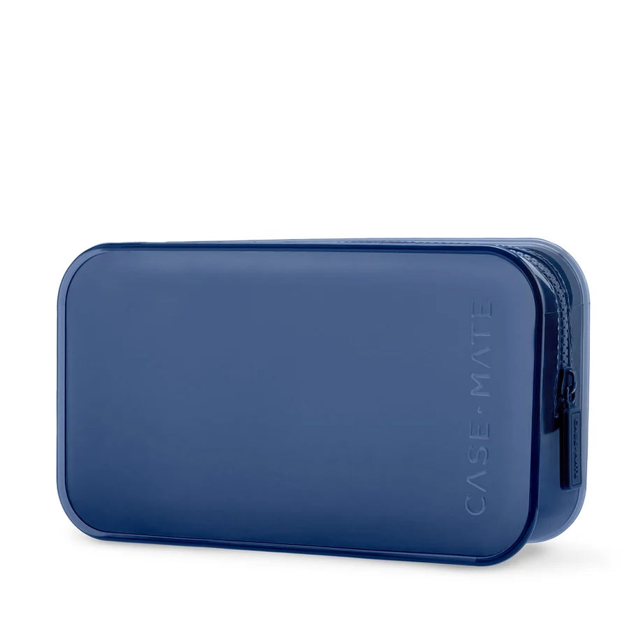 A dark blue translucent hard-shell pouch with rounded corners and a zipper closure, featuring the vertical &