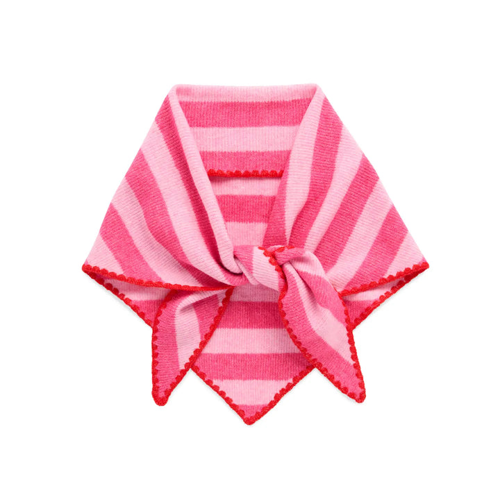 A pink and light pink striped knit scarf tied in a bow, featuring red scalloped edges, shown on a plain white background.