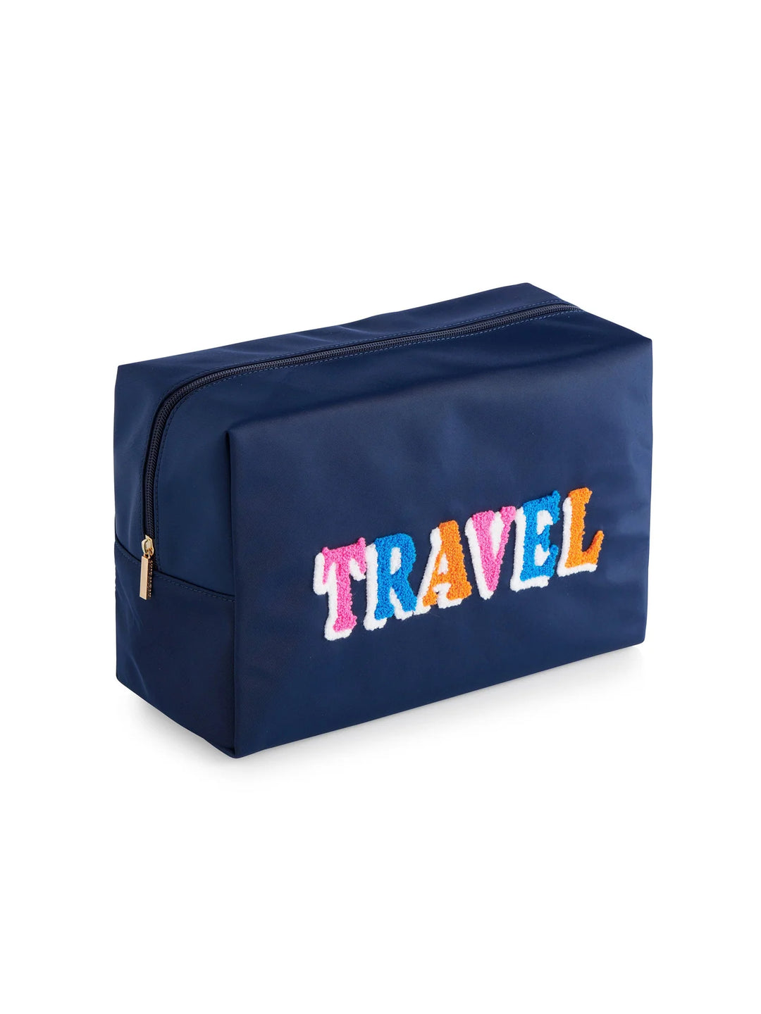 Navy blue travel pouch with colorful &