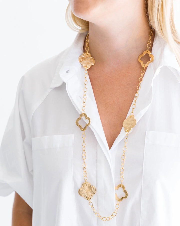 Susan Shaw Long Clover Chain Necklace - Gold