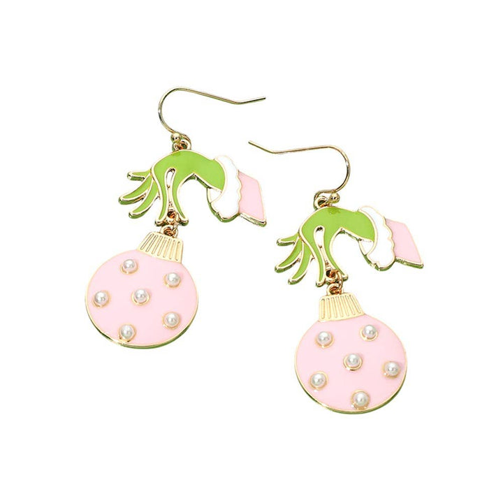 Grinch Hand Ornament Earrings - Pink