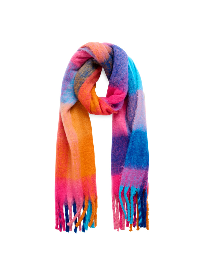 Multicolored scarf with fringes on a white background