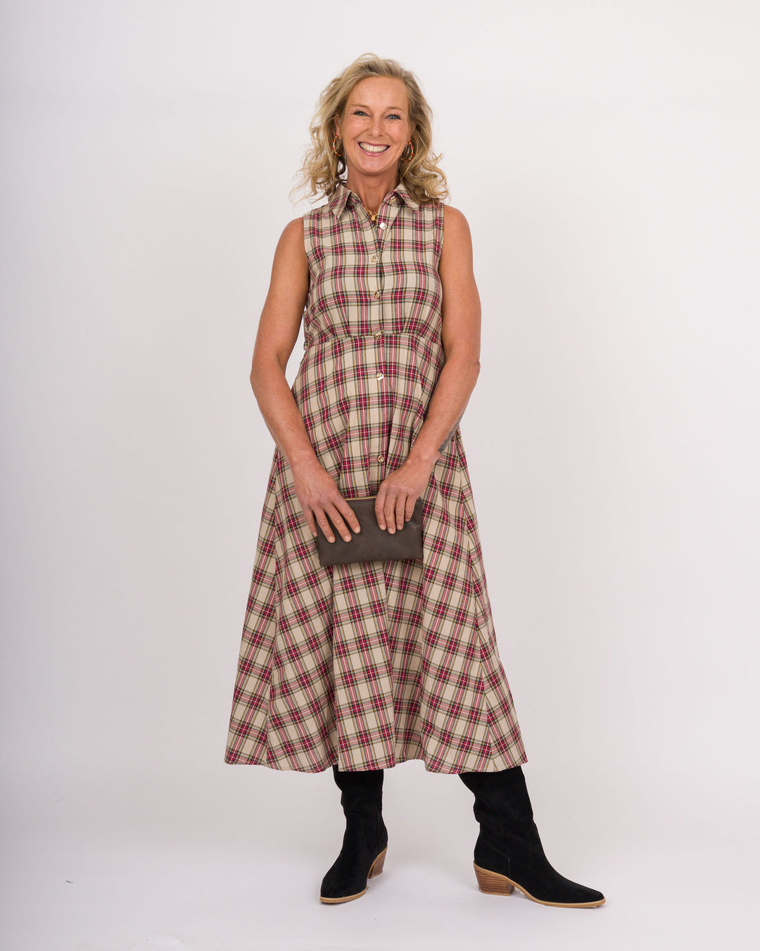 Taupe Plaid Sleeveless Midi Dress