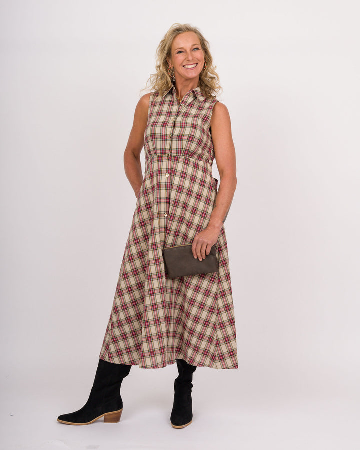 Taupe Plaid Sleeveless Midi Dress