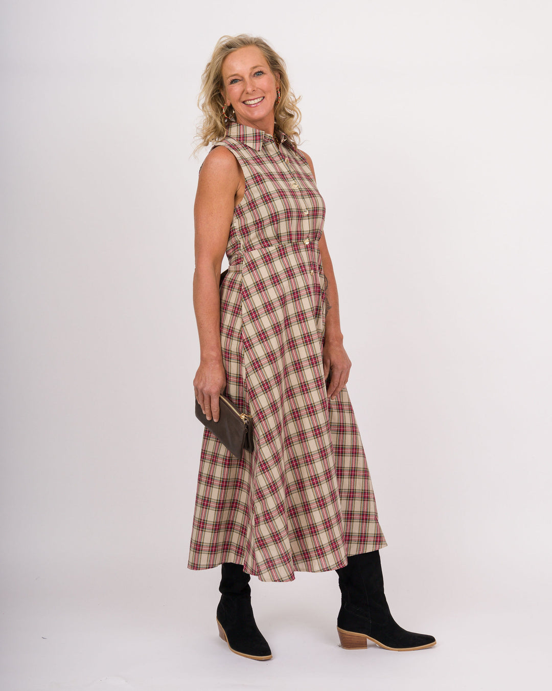 Taupe Plaid Sleeveless Midi Dress