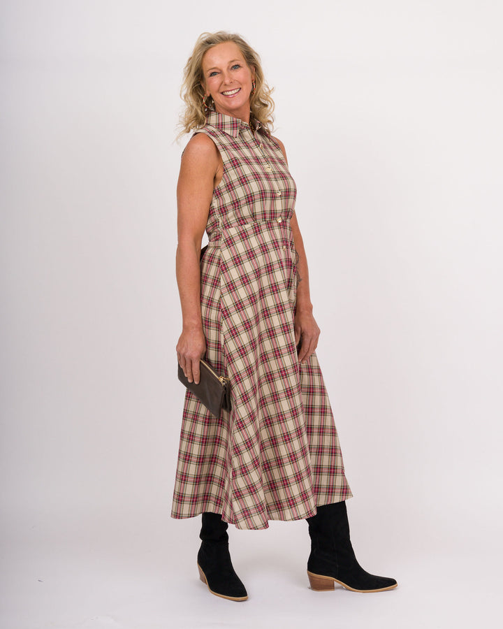Taupe Plaid Sleeveless Midi Dress