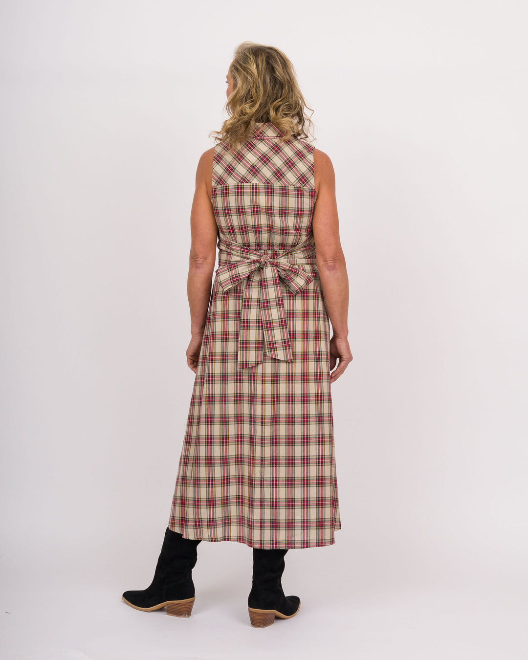 Taupe Plaid Sleeveless Midi Dress