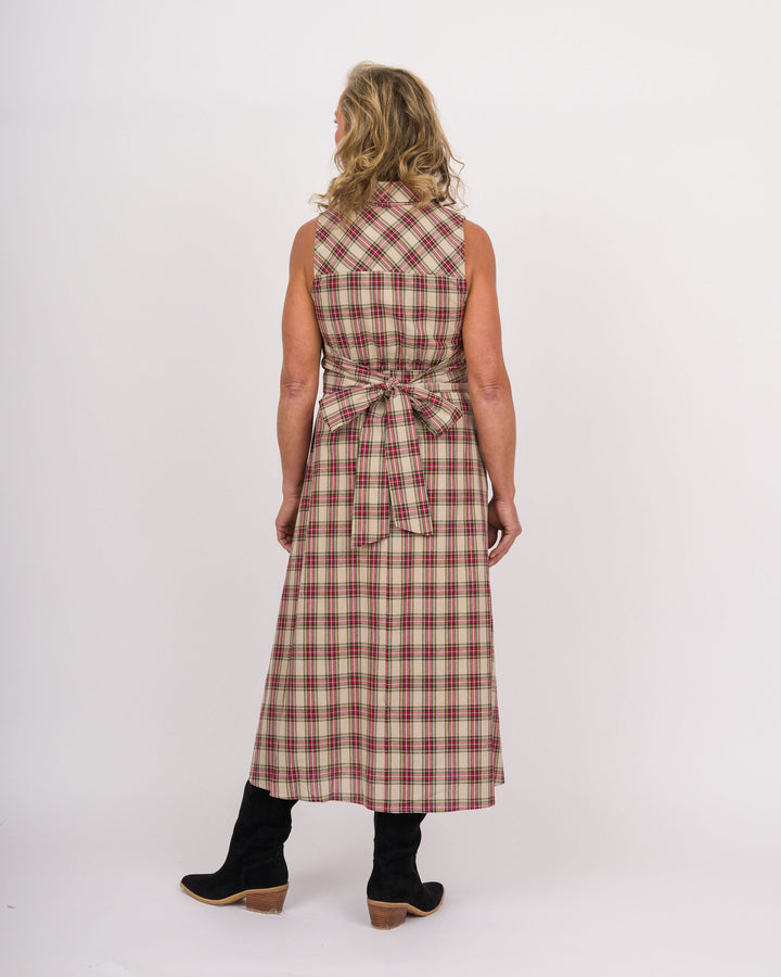 Taupe Plaid Sleeveless Midi Dress