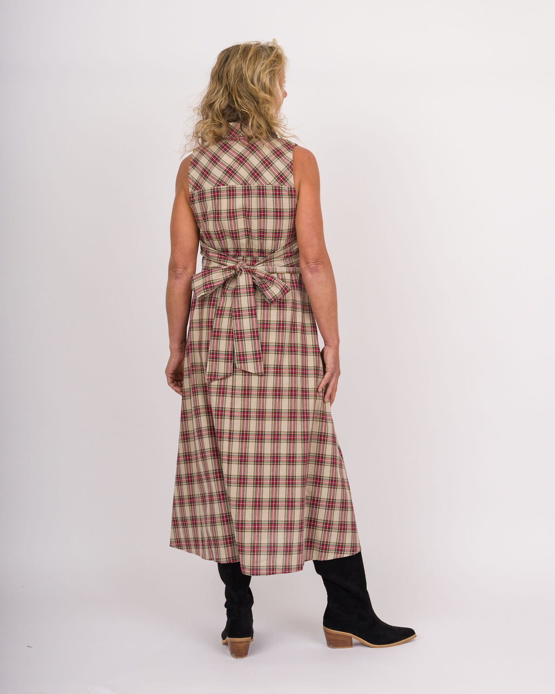 Taupe Plaid Sleeveless Midi Dress