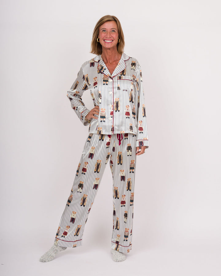 Full-Length PJ Set with Velvet Tie - Navy Stripes + Bears