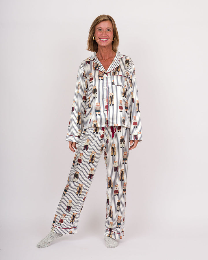 Full-Length PJ Set with Velvet Tie - Navy Stripes + Bears