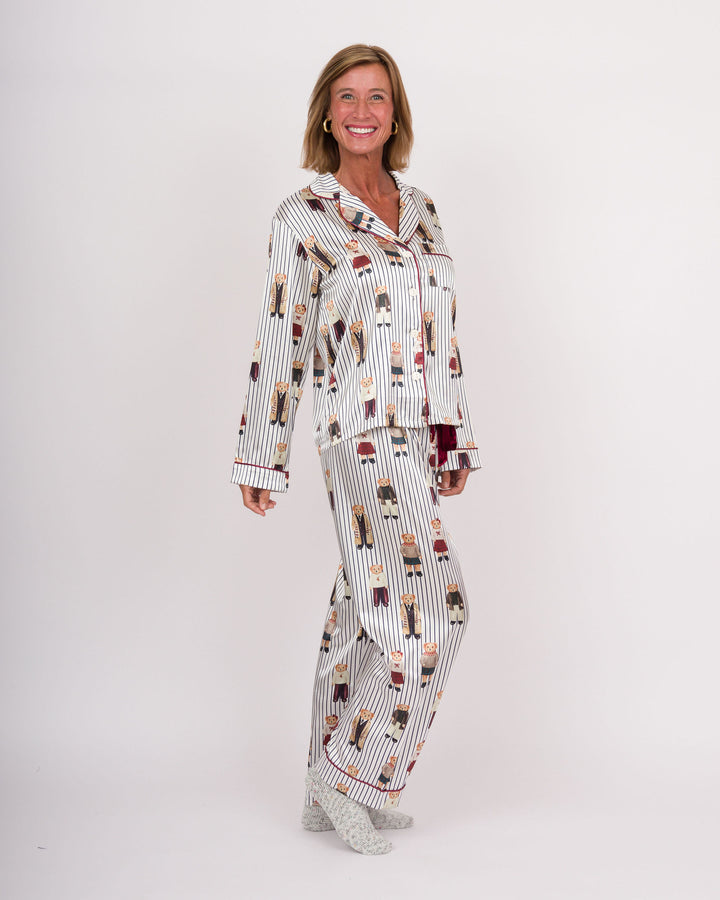 Full-Length PJ Set with Velvet Tie - Navy Stripes + Bears