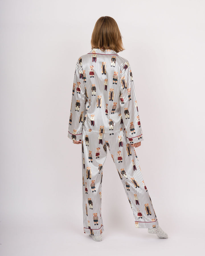 Full-Length PJ Set with Velvet Tie - Navy Stripes + Bears