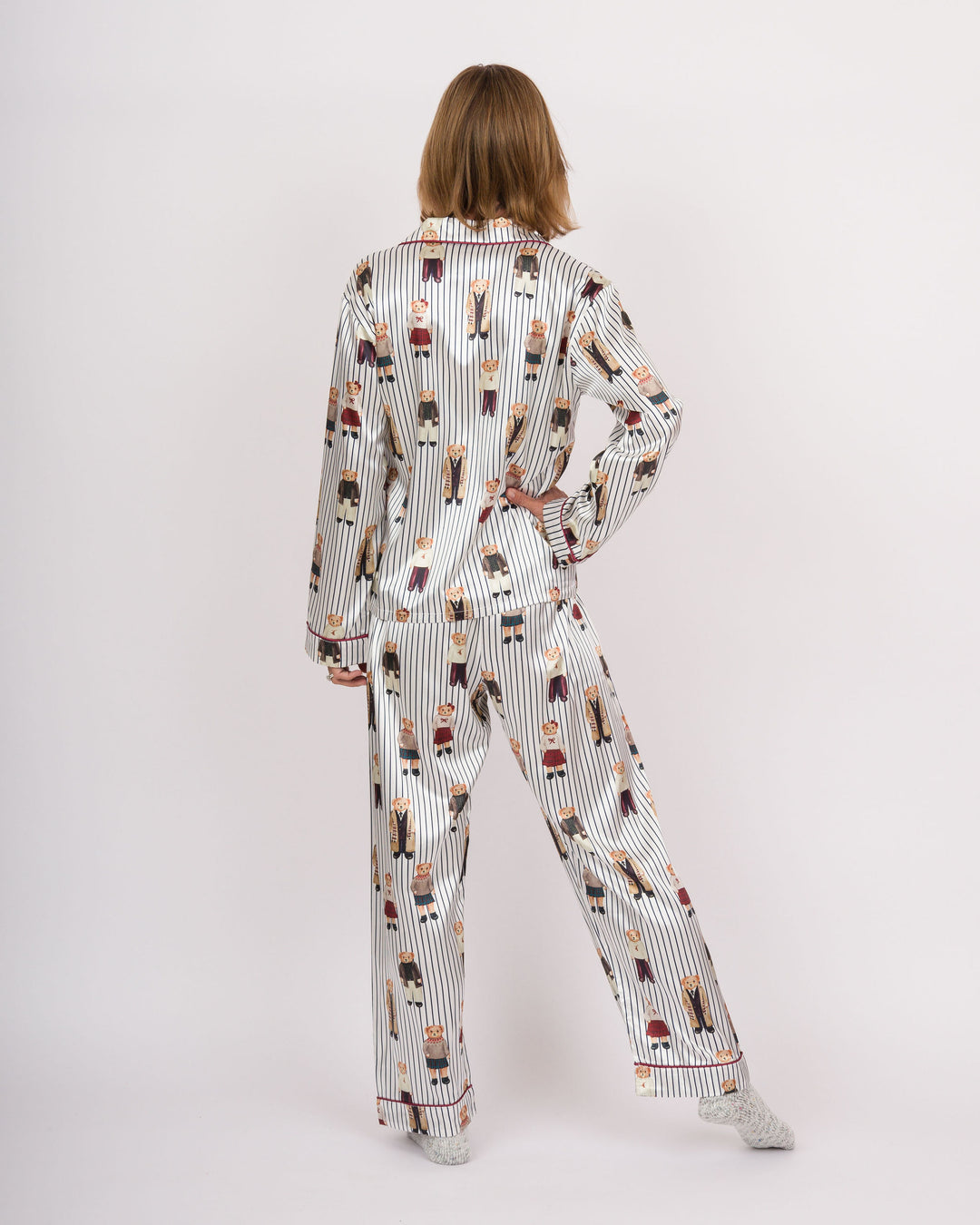 Full-Length PJ Set with Velvet Tie - Navy Stripes + Bears