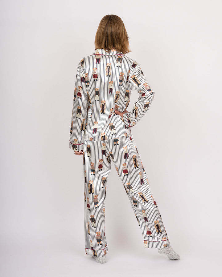 Full-Length PJ Set with Velvet Tie - Navy Stripes + Bears