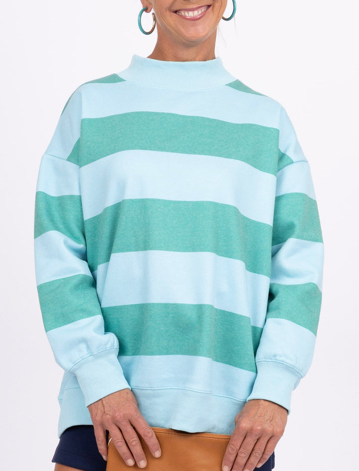 Striped Mock Neck Sweatshirt - Aqua Green