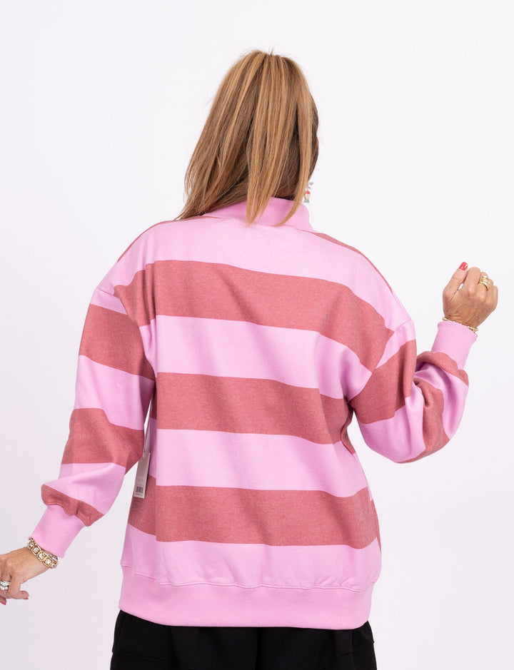 Striped Mock Neck Sweatshirt - Light Pink