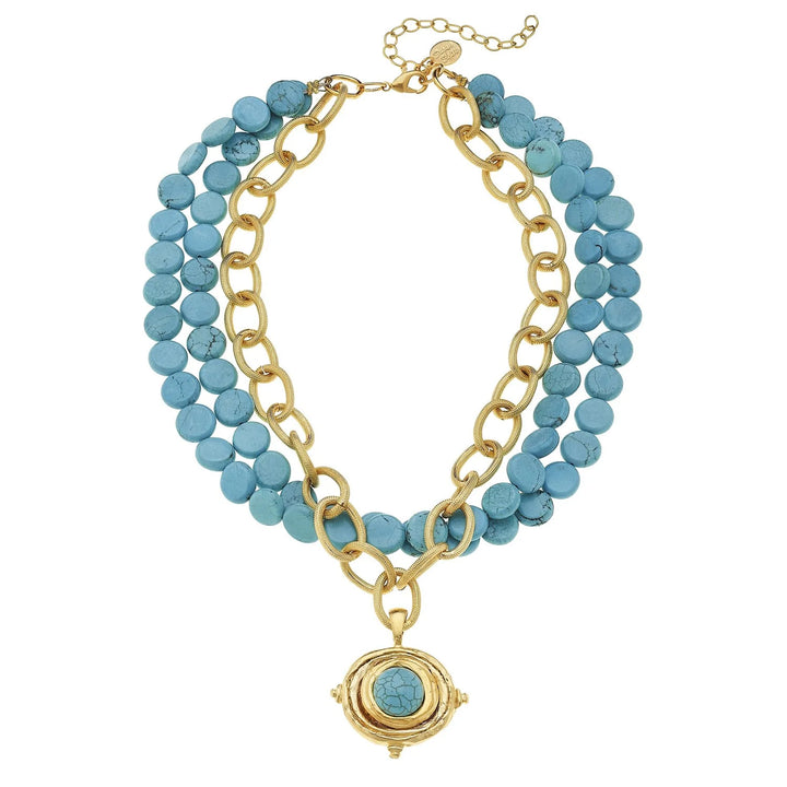Gold Cab Turquoise 3 Strand Necklace