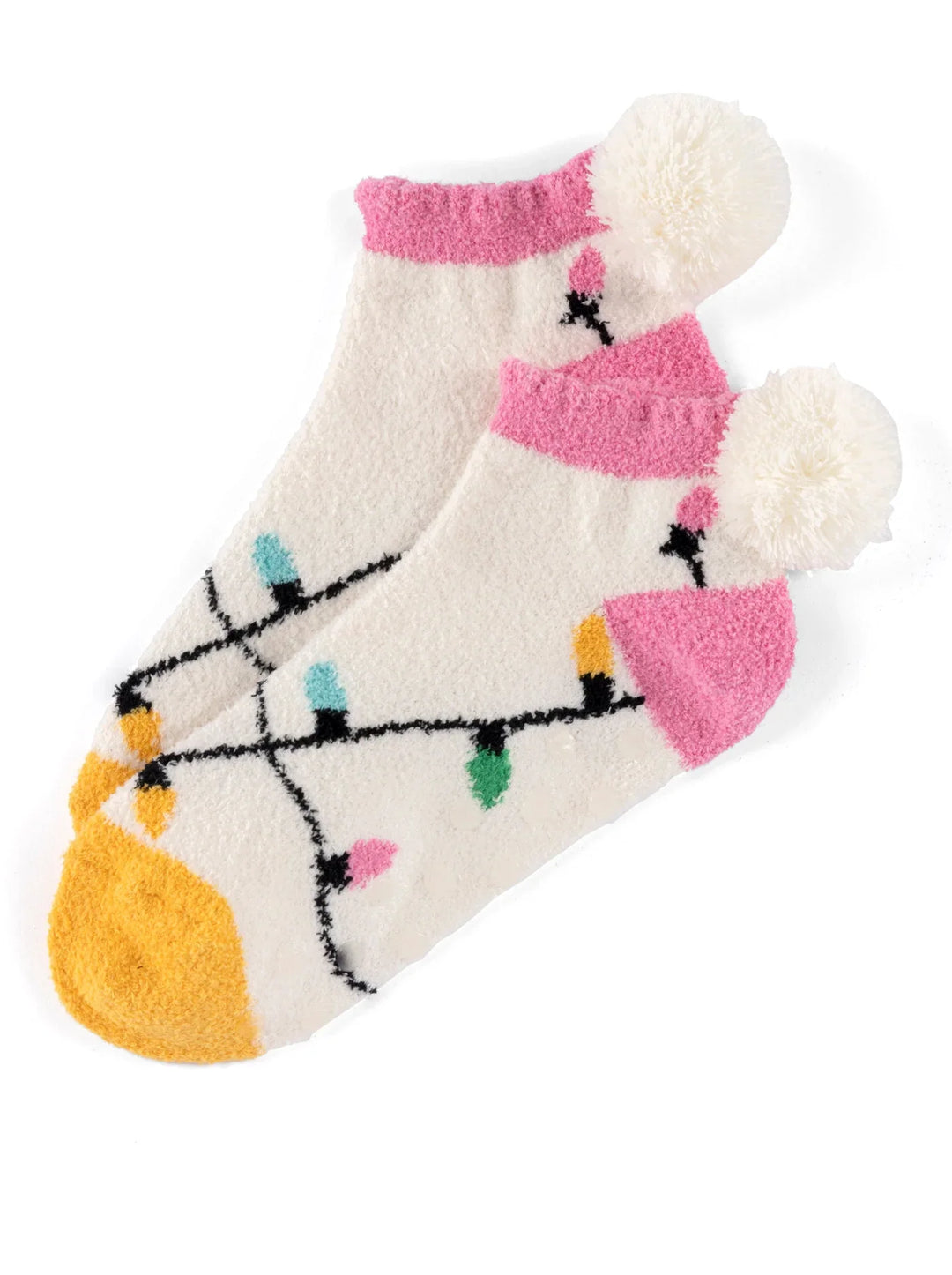 A pair of white fuzzy ankle socks with pink cuffs, yellow toes, and a Christmas light pattern, finished with fluffy white pom-poms.