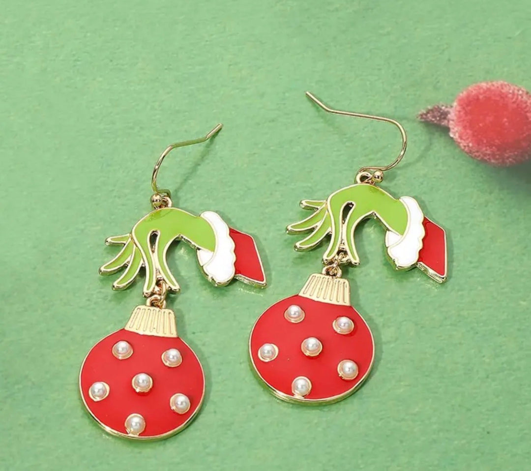 Grinch Hand Ornament Earrings - Red