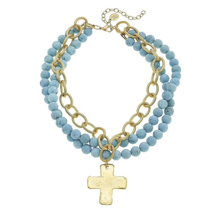Gold Cross 3 Matte Turquoise Necklace