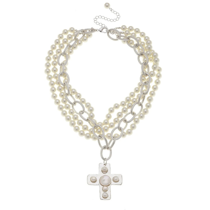 Susan Shaw Pearl Cross Multi-Strand Necklace - Silver