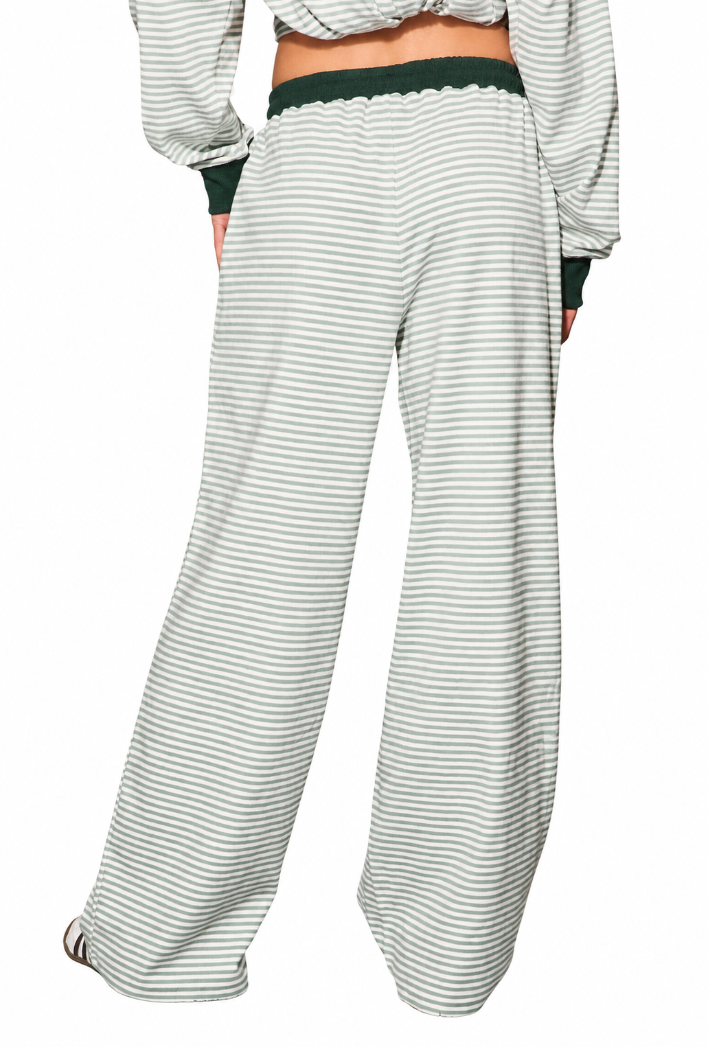 Green Striped Elastic Tie Waist Pants