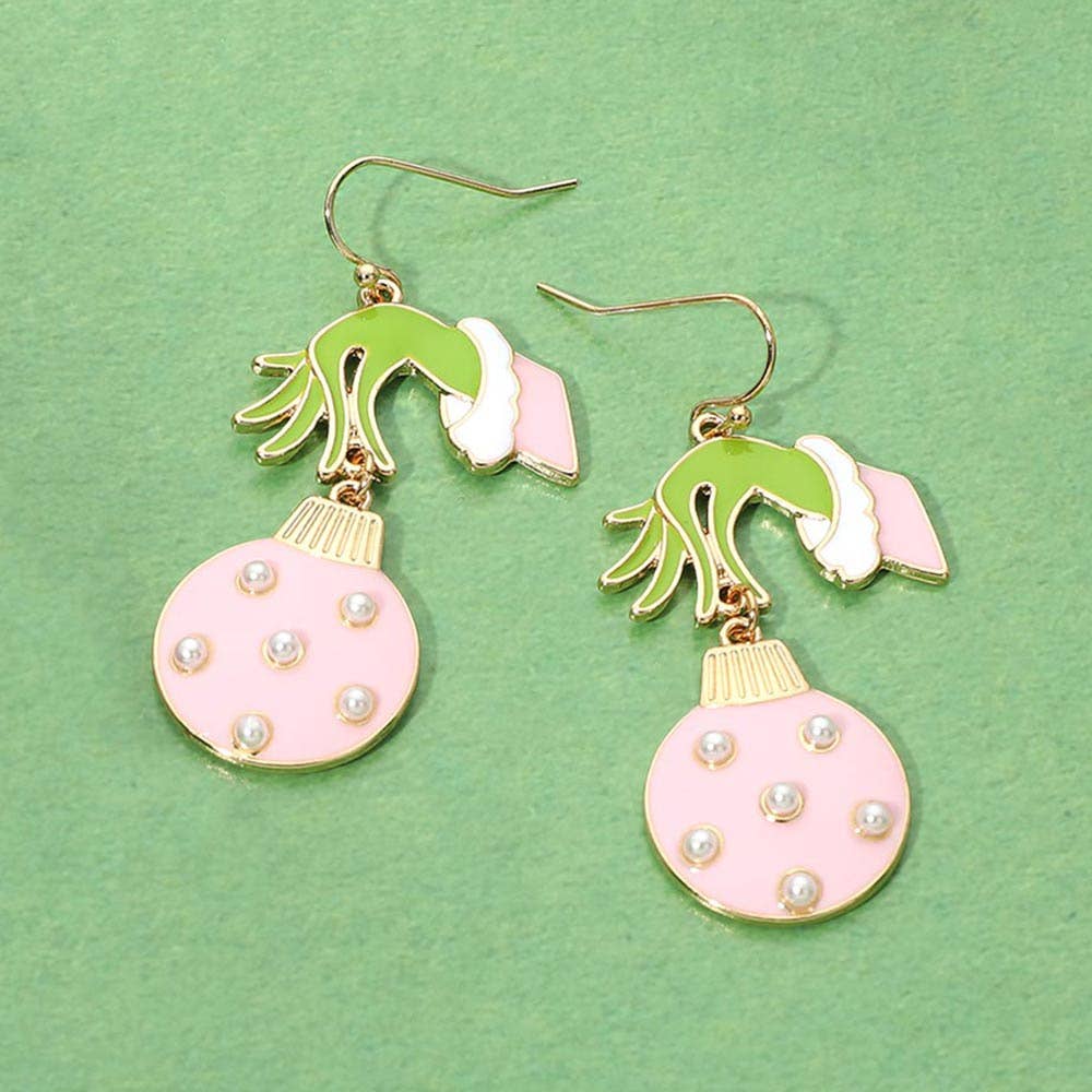 Grinch Hand Ornament Earrings - Pink