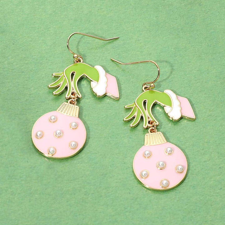 Grinch Hand Ornament Earrings - Pink