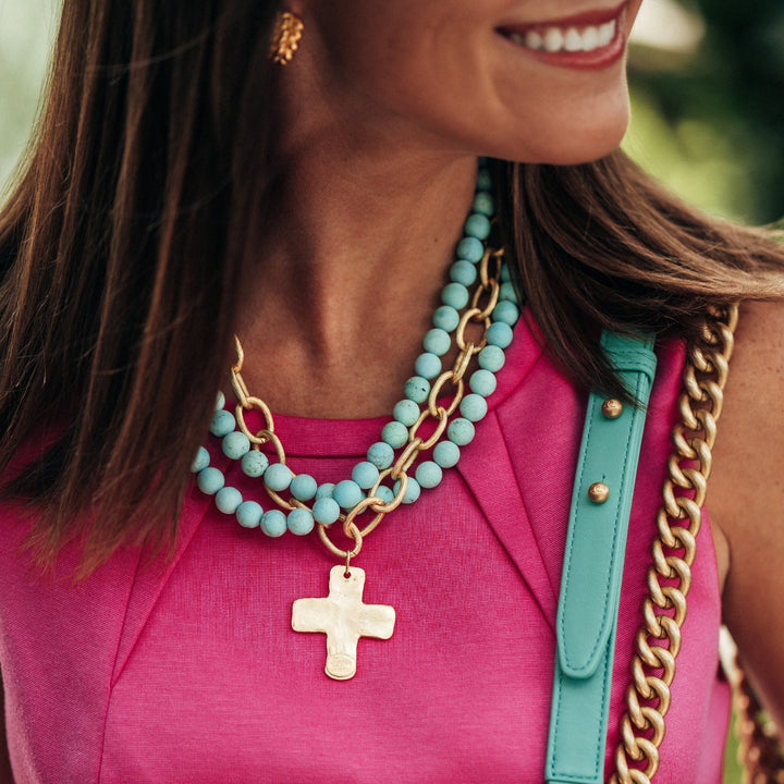 Susan Shaw Matte Turquoise Multi-Strand Cross Necklace
