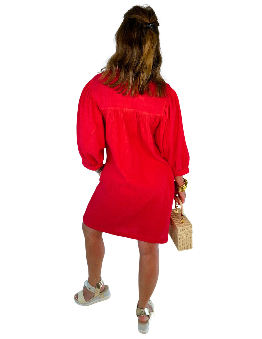 Red Cotton Gauze Puff Sleeve Dress
