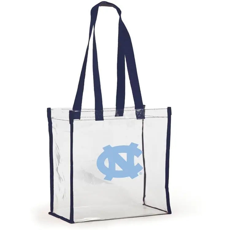 Clear tote bag with navy handles and a blue logo on a white background