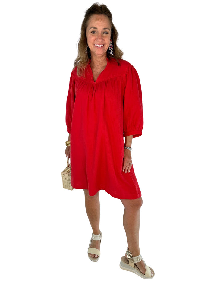 Red Cotton Gauze Puff Sleeve Dress