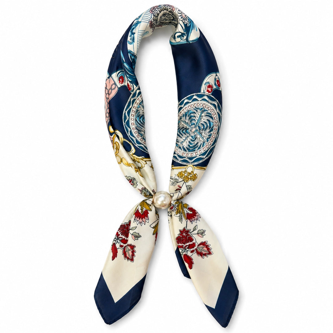 Magnetic Pearl Scarf - Blue with Maroon Flowers