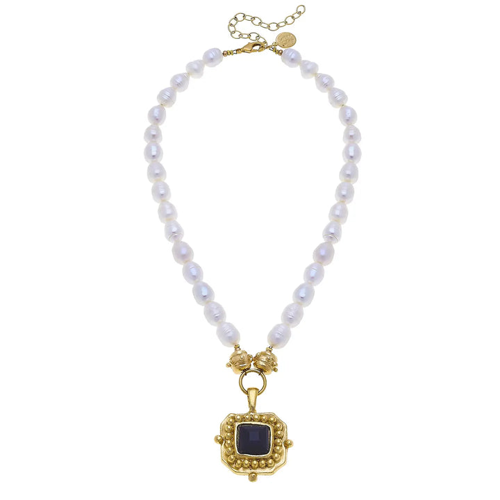 Susan Shaw London Freshwater Pearl Necklace with Black Crystal Pendant