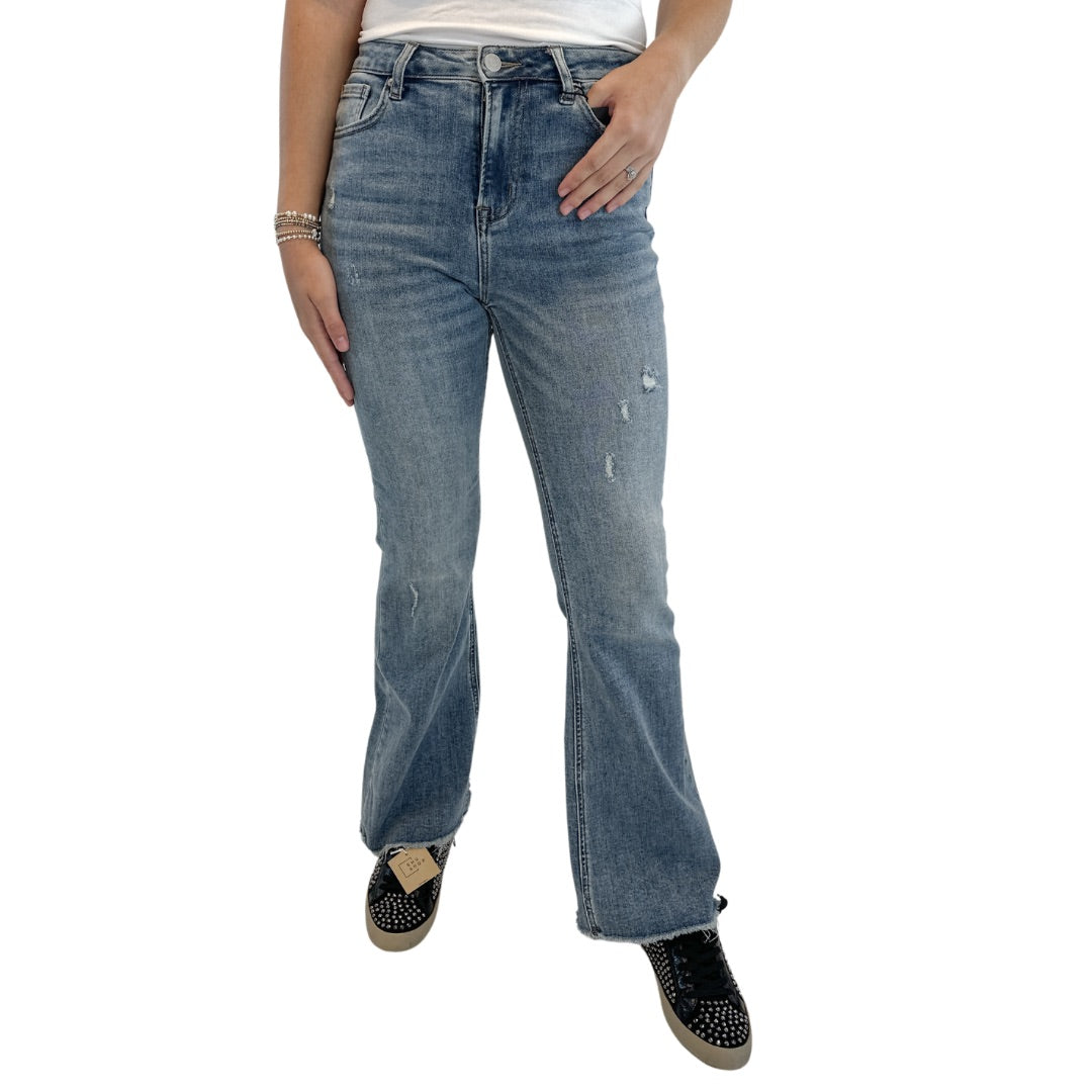 Risen High Rise Vintage Frayed Flare Jeans