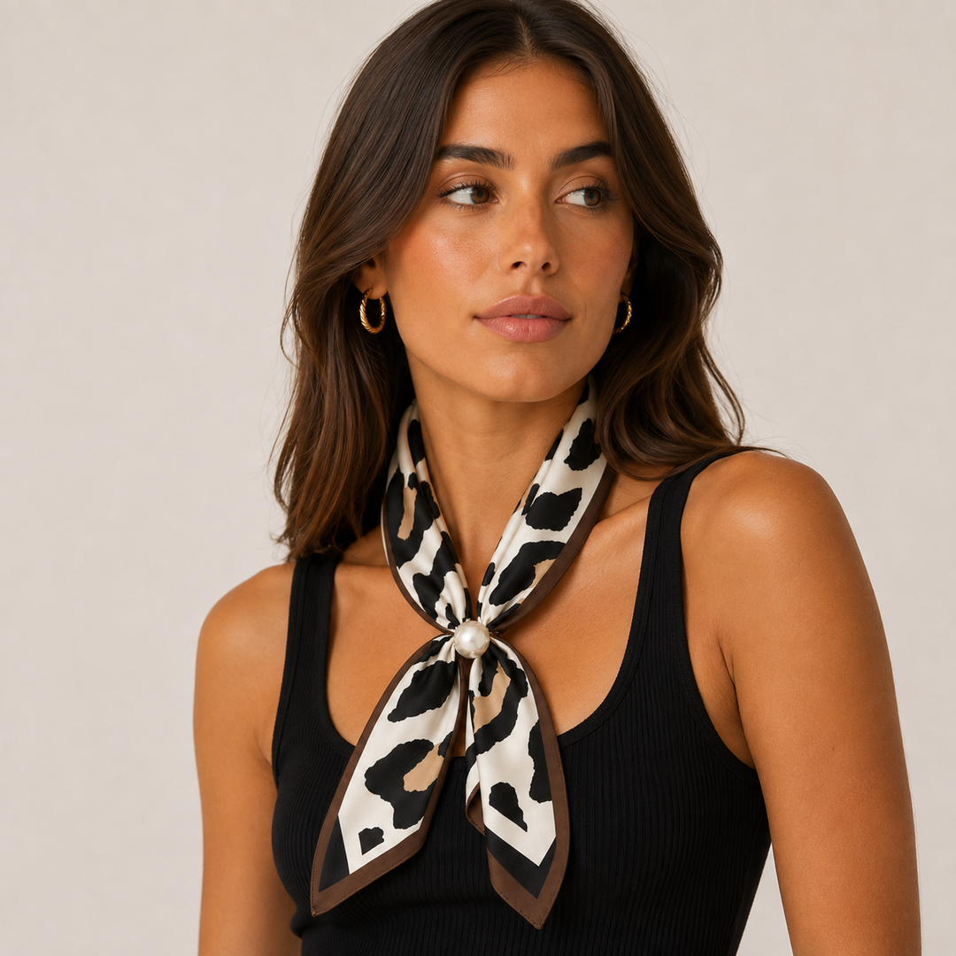 Magnetic Pearl Scarf - White Black and Brown