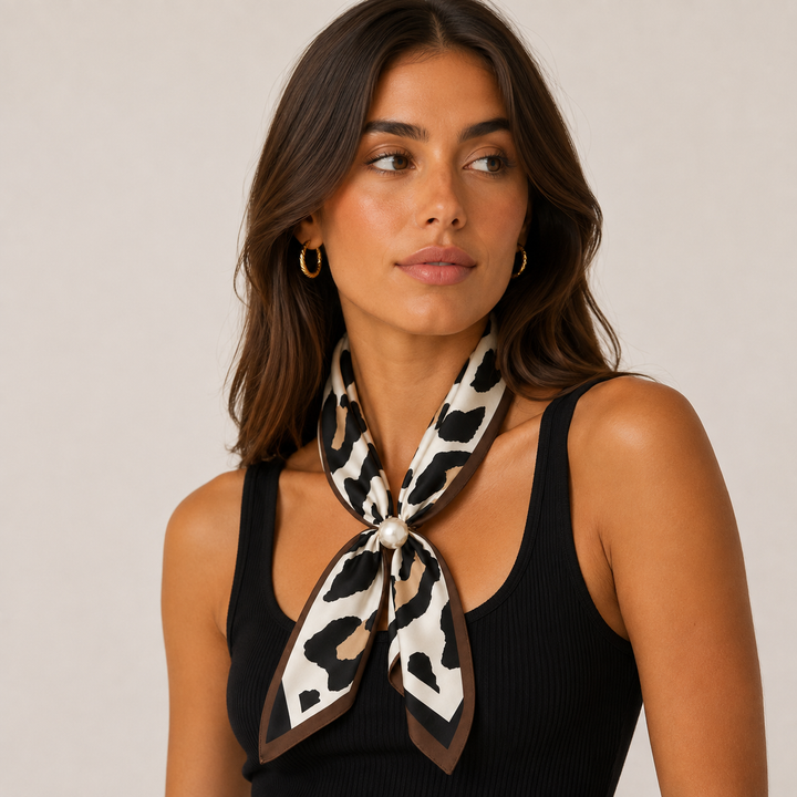 Magnetic Pearl Scarf - White Black and Brown