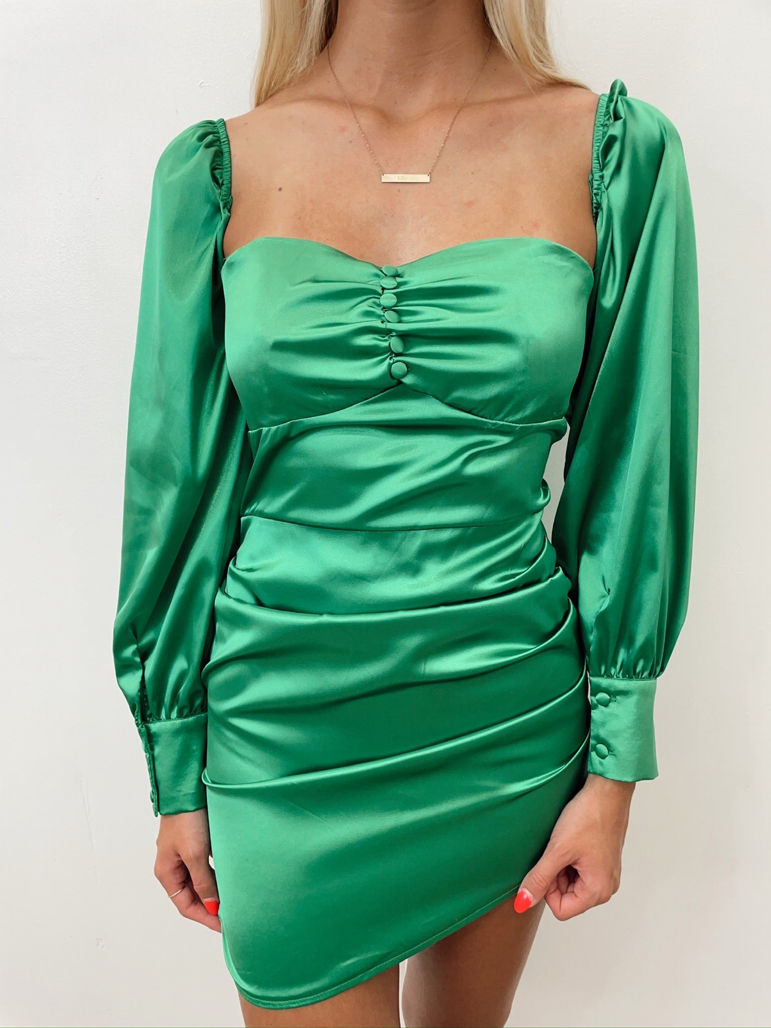 Satin Bubble Sleeve Green Dress