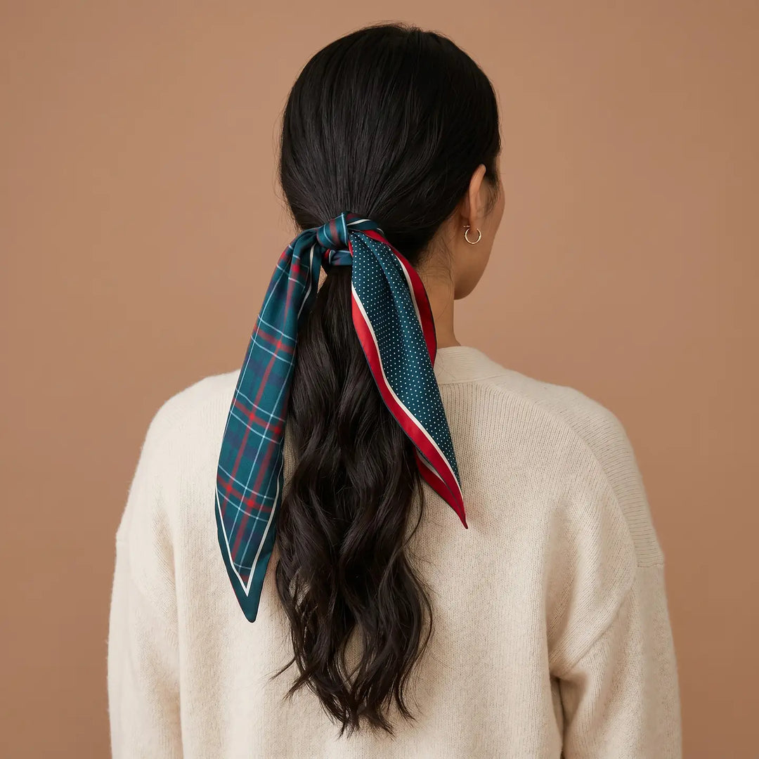 A woman viewed from behind wearing a cream knit sweater and a dark teal silk scarf tied in her ponytail. The scarf features a red and green plaid pattern on one side and a red and white striped pattern on the other, set against a solid warm beige background.
