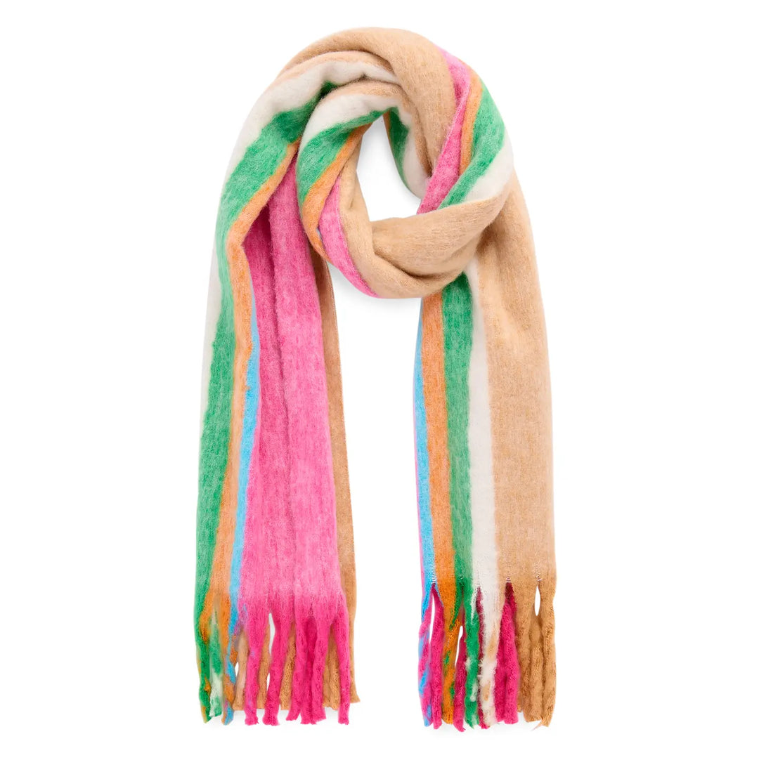 A multicolor striped knit scarf with fringe ends, featuring stripes of beige, pink, green, light blue, and white, arranged on a plain white background.