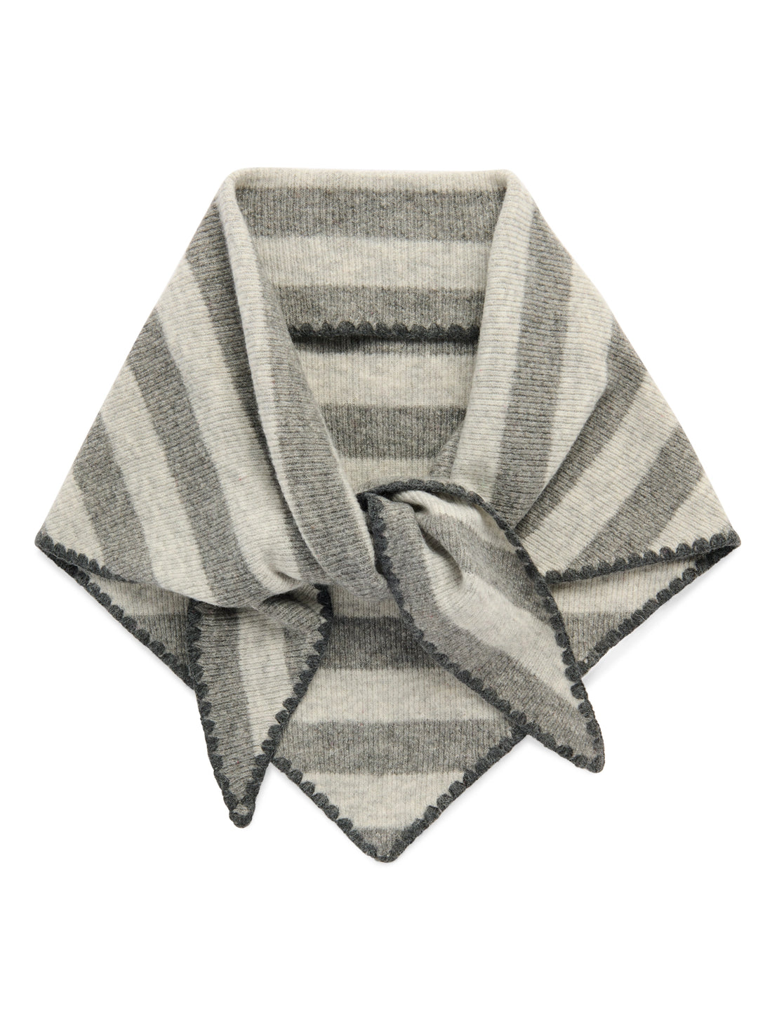 A striped knit scarf in shades of gray and beige, styled in a knot to display its triangular shape and scalloped edges against a plain white background.