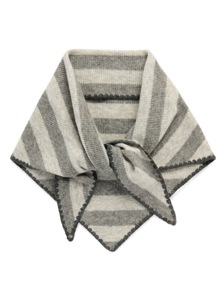A striped knit scarf in shades of gray and beige, styled in a knot to display its triangular shape and scalloped edges against a plain white background.