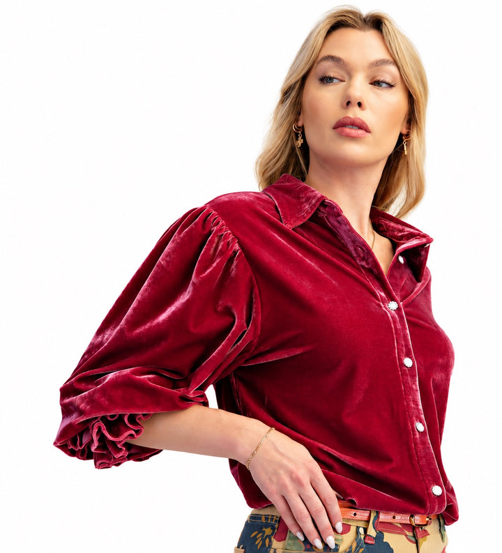 Raspberry Bubble Sleeve Velvet Top